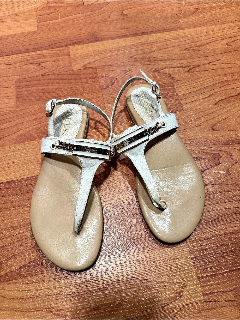 GUESS Logo T-Strap Sandals in White & Tan